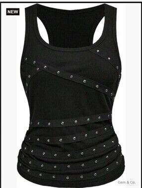 Black Studded Ribbed Tank Top - Small